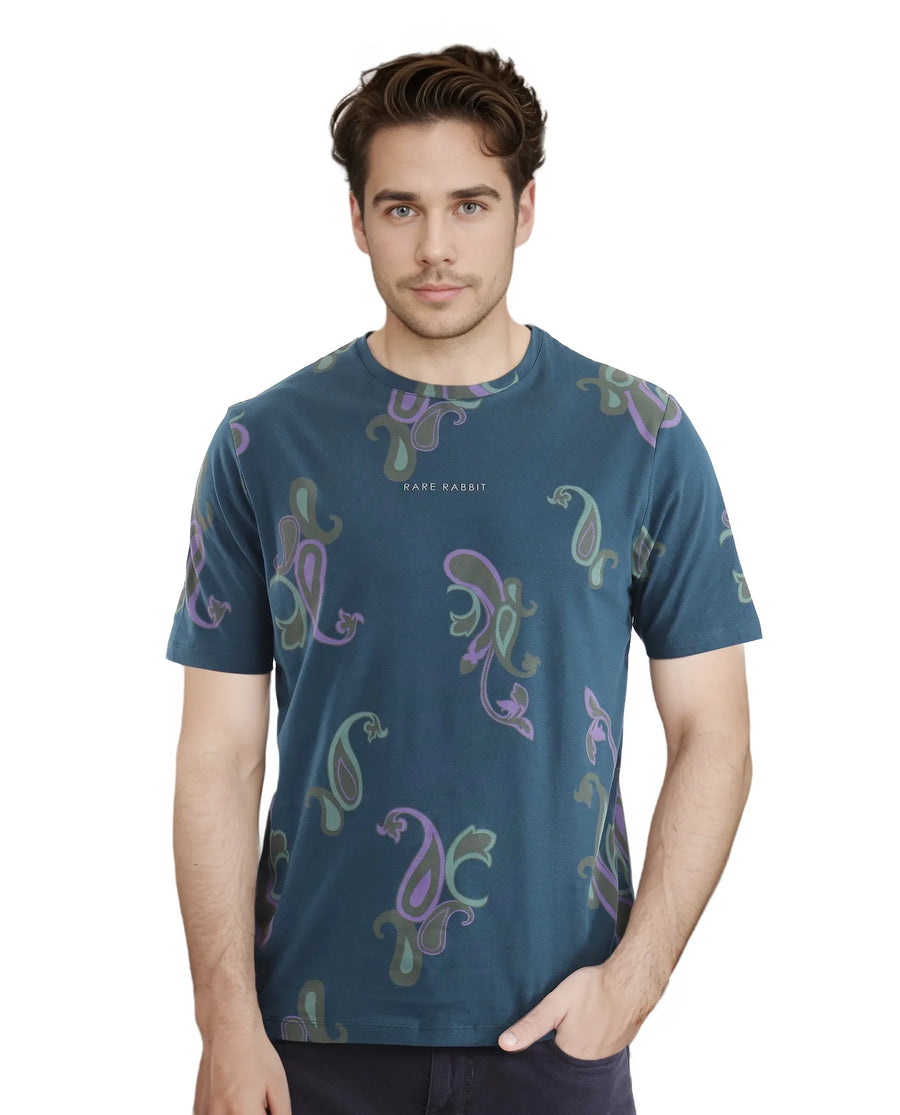 Rare Rabbit Men's Argus-1 Petrol Cotton Blend Paisley Print Regular Fit Half Sleeve Crew Neck T-Shirt