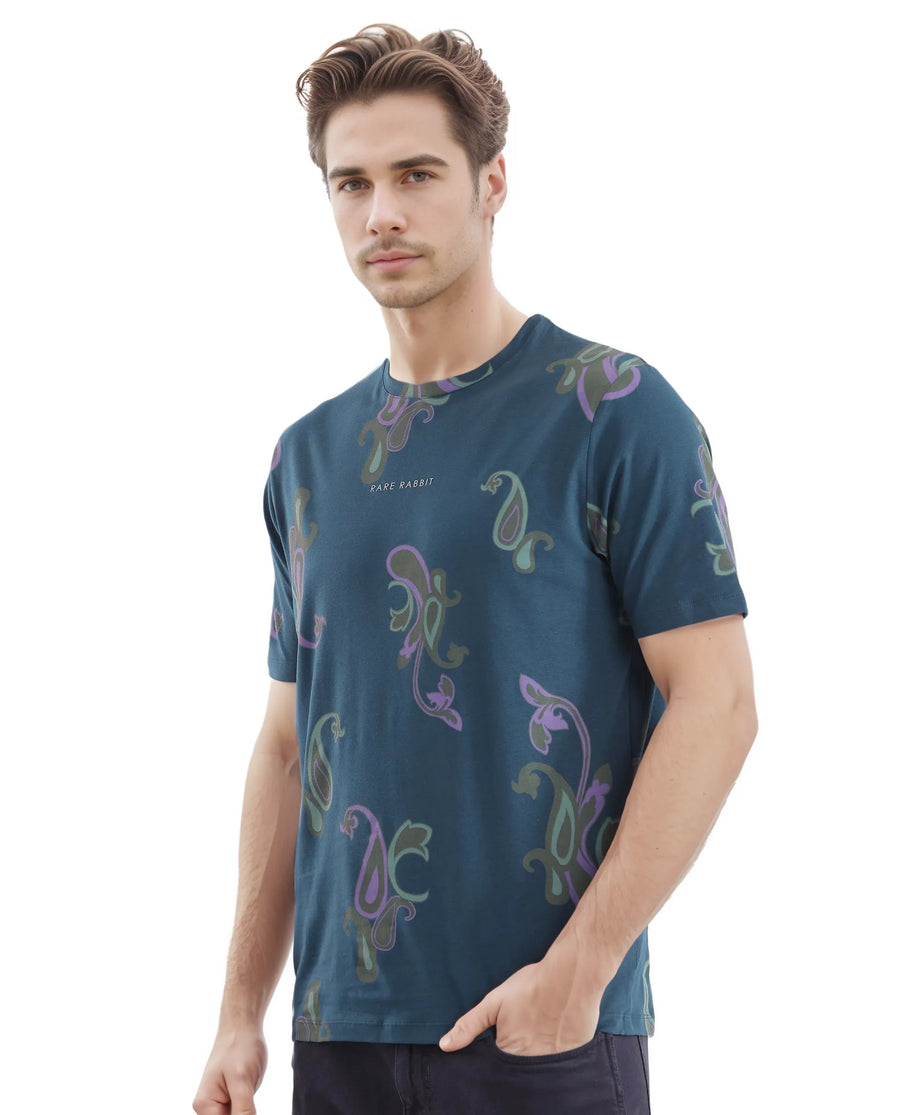 Rare Rabbit Men's Argus-1 Petrol Cotton Blend Paisley Print Regular Fit Half Sleeve Crew Neck T-Shirt