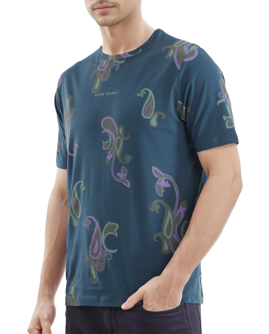 Rare Rabbit Men's Argus-1 Petrol Cotton Blend Paisley Print Regular Fit Half Sleeve Crew Neck T-Shirt