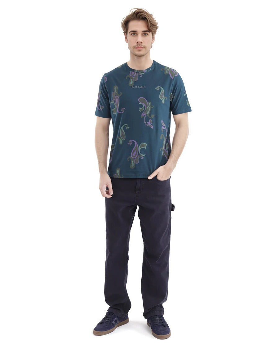Rare Rabbit Men's Argus-1 Petrol Cotton Blend Paisley Print Regular Fit Half Sleeve Crew Neck T-Shirt