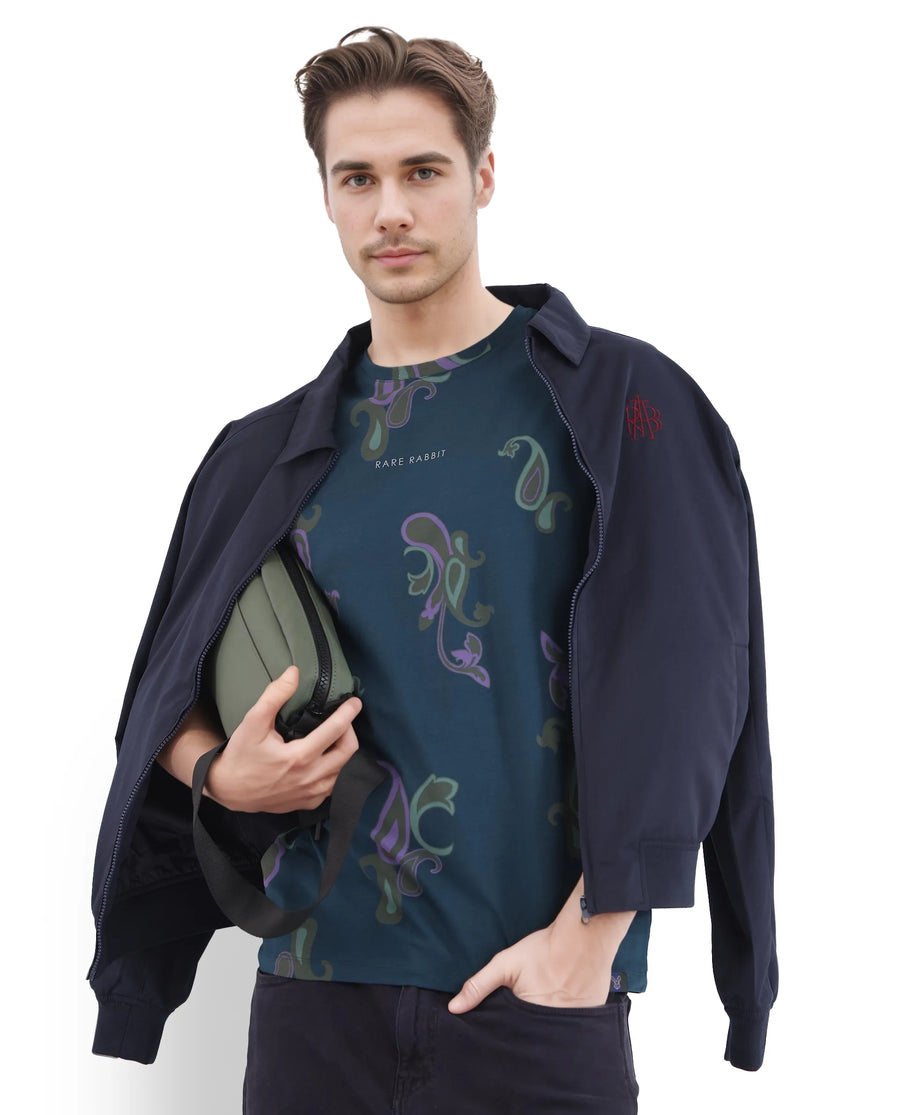 Rare Rabbit Men's Argus-1 Petrol Cotton Blend Paisley Print Regular Fit Half Sleeve Crew Neck T-Shirt