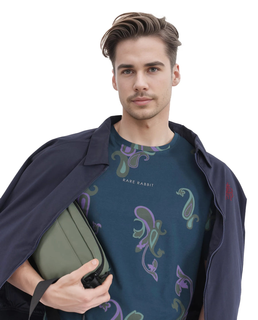 Rare Rabbit Men's Argus-1 Petrol Cotton Blend Paisley Print Regular Fit Half Sleeve Crew Neck T-Shirt