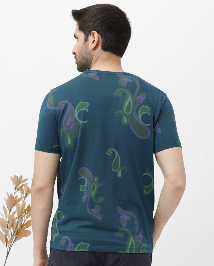 Rare Rabbit Men's Argus Petrol Cotton Blend Graphic Print Regular Fit Half Sleeve Crew Neck T-Shirt