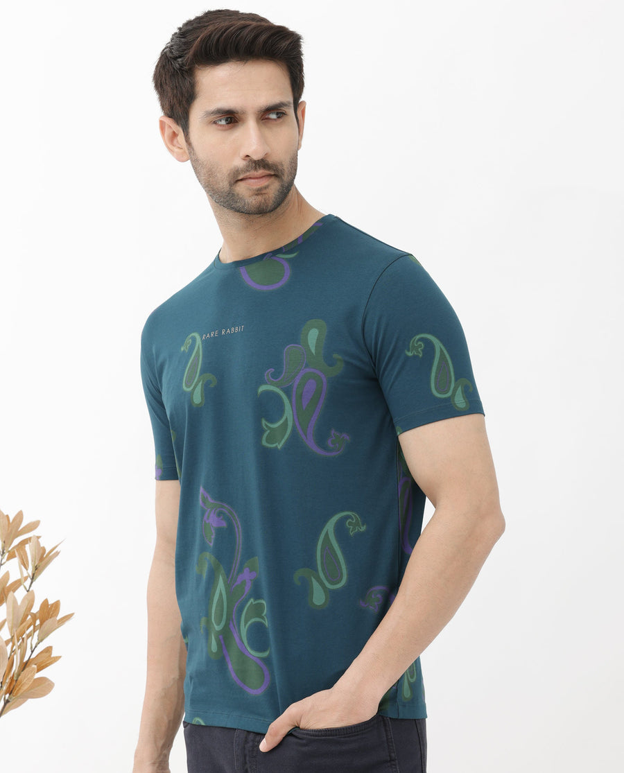 Rare Rabbit Men's Argus Petrol Cotton Blend Graphic Print Regular Fit Half Sleeve Crew Neck T-Shirt