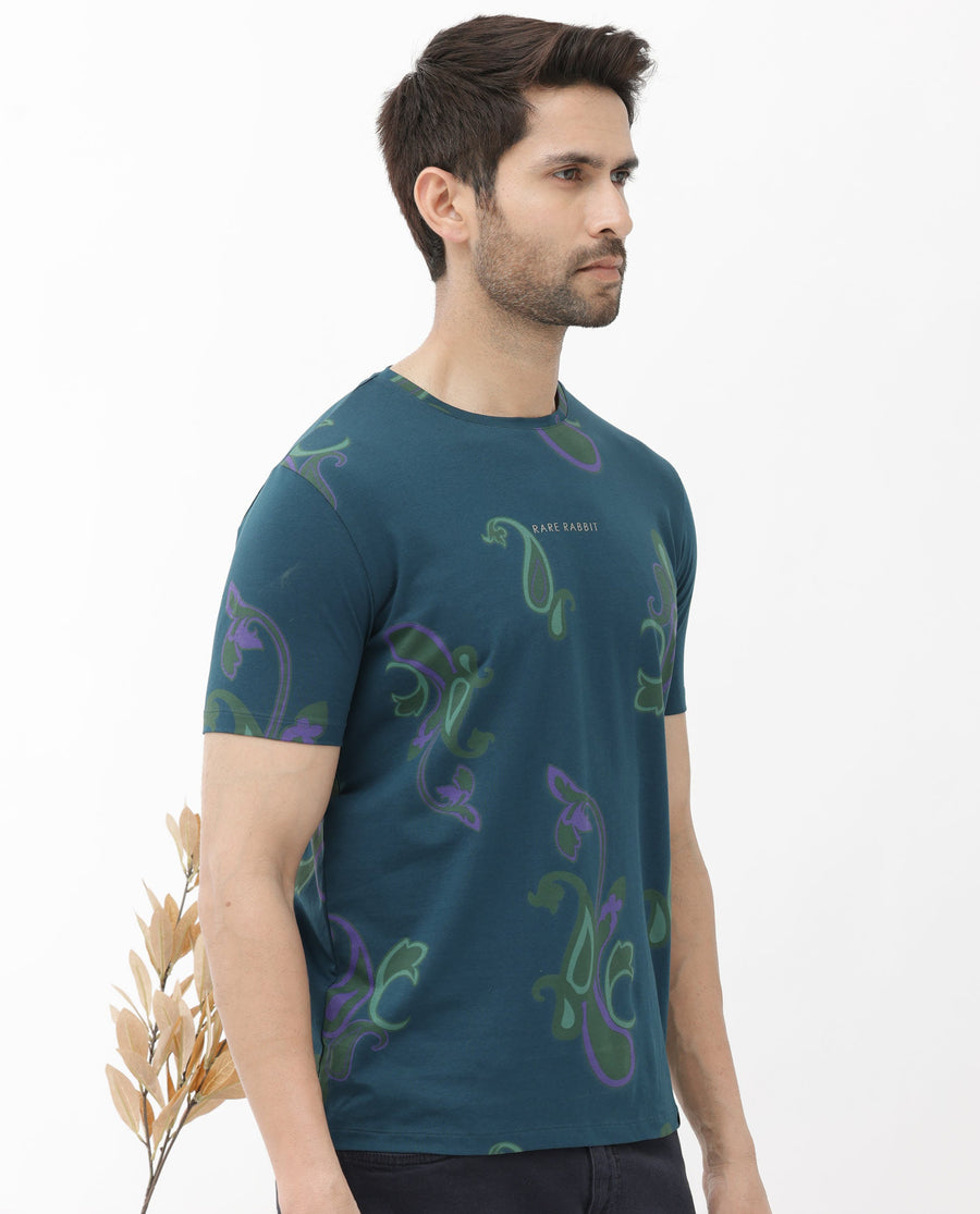 Rare Rabbit Men's Argus Petrol Cotton Blend Graphic Print Regular Fit Half Sleeve Crew Neck T-Shirt