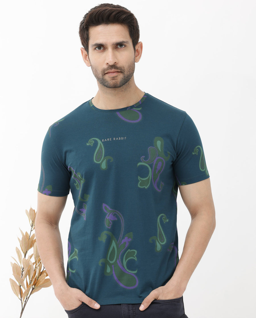 Rare Rabbit Men's Argus Petrol Cotton Blend Graphic Print Regular Fit Half Sleeve Crew Neck T-Shirt