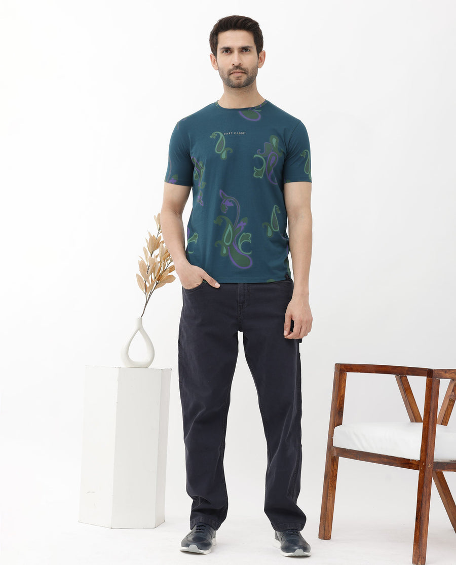 Rare Rabbit Men's Argus Petrol Cotton Blend Graphic Print Regular Fit Half Sleeve Crew Neck T-Shirt
