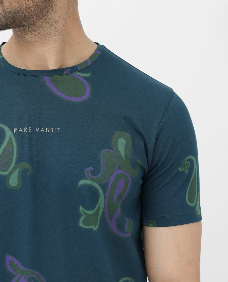 Rare Rabbit Men's Argus Petrol Cotton Blend Graphic Print Regular Fit Half Sleeve Crew Neck T-Shirt