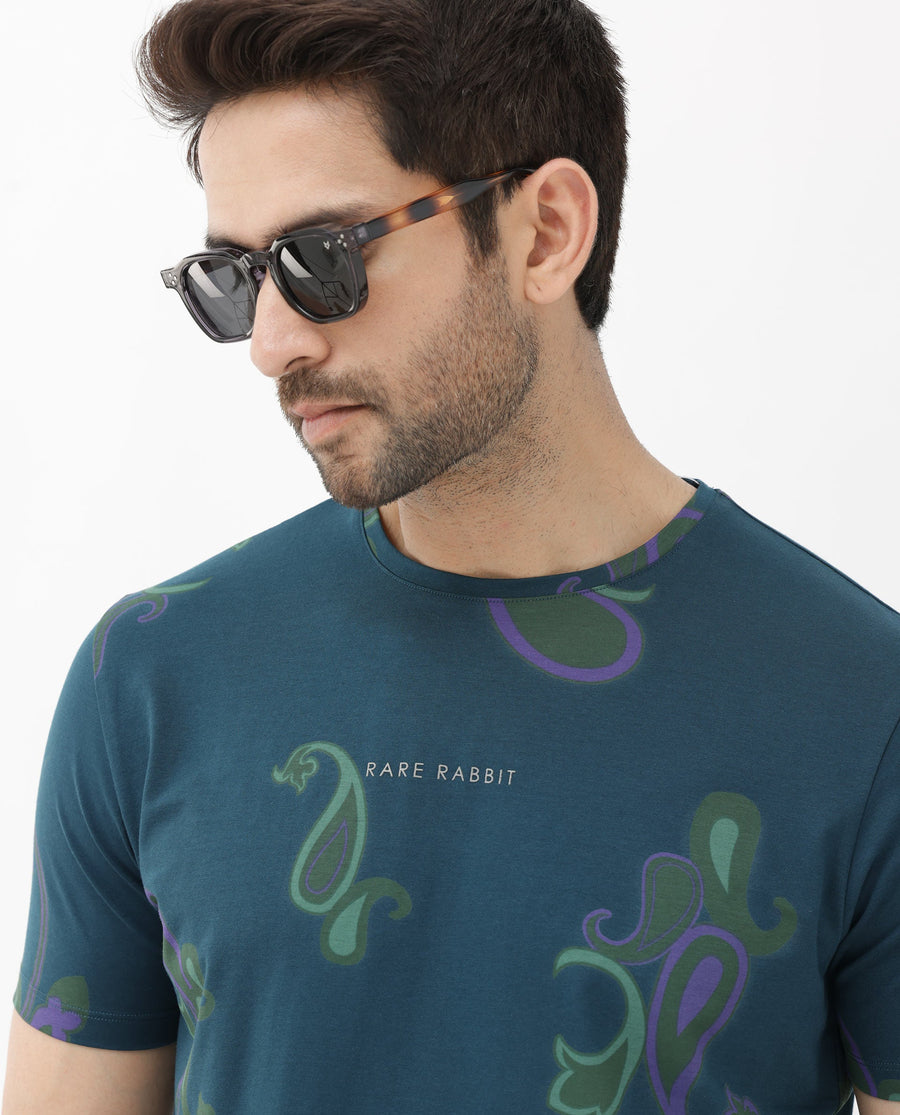 Rare Rabbit Men's Argus Petrol Cotton Blend Graphic Print Regular Fit Half Sleeve Crew Neck T-Shirt