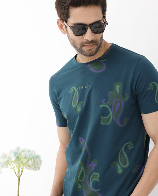 Rare Rabbit Men's Argus Petrol Cotton Blend Graphic Print Regular Fit Half Sleeve Crew Neck T-Shirt