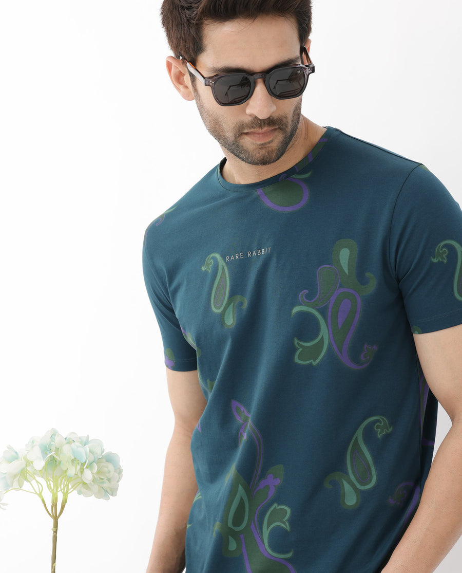Rare Rabbit Men's Argus Petrol Cotton Blend Graphic Print Regular Fit Half Sleeve Crew Neck T-Shirt