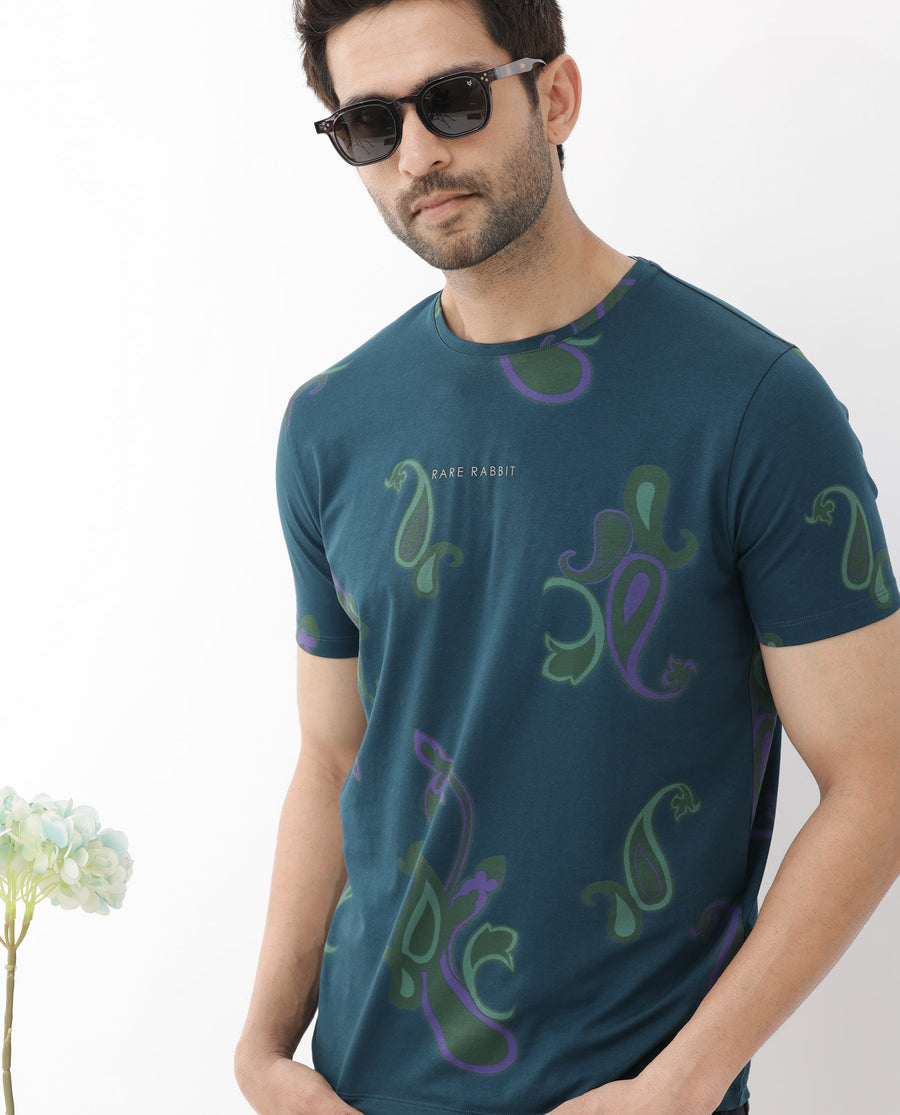 Rare Rabbit Men's Argus Petrol Cotton Blend Graphic Print Regular Fit Half Sleeve Crew Neck T-Shirt