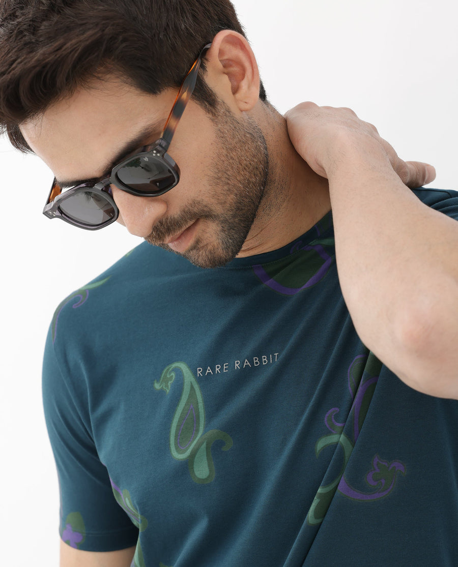 Rare Rabbit Men's Argus Petrol Cotton Blend Graphic Print Regular Fit Half Sleeve Crew Neck T-Shirt
