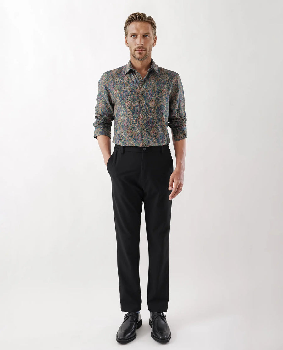 Rare Rabbit Men's Arieal Blue Viscose Blend Paisley Print Regular Fit Full Sleeve Collared Shirt