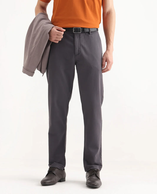 Rare Rabbit Men's Aries Dark Grey Cotton Blend Plain Regular Fit Trouser