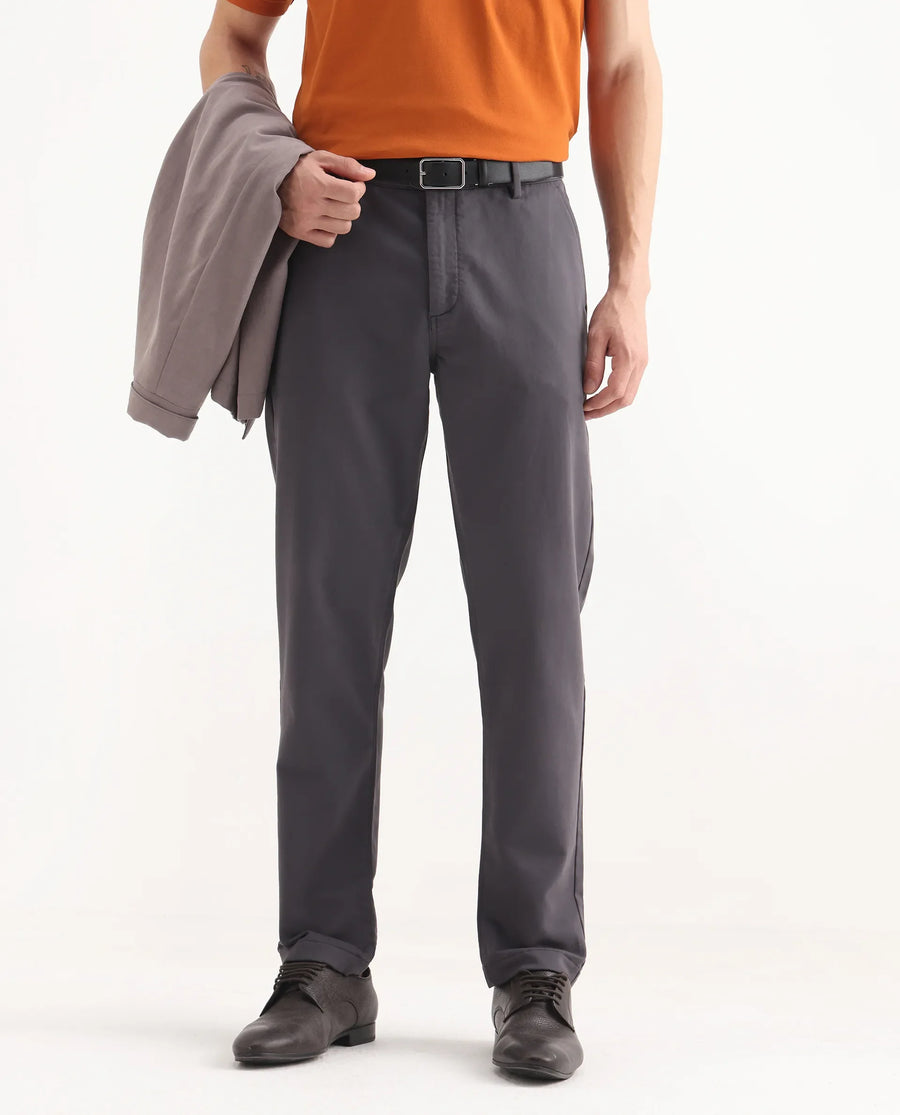 Rare Rabbit Men's Aries Dark Grey Cotton Blend Plain Regular Fit Trouser