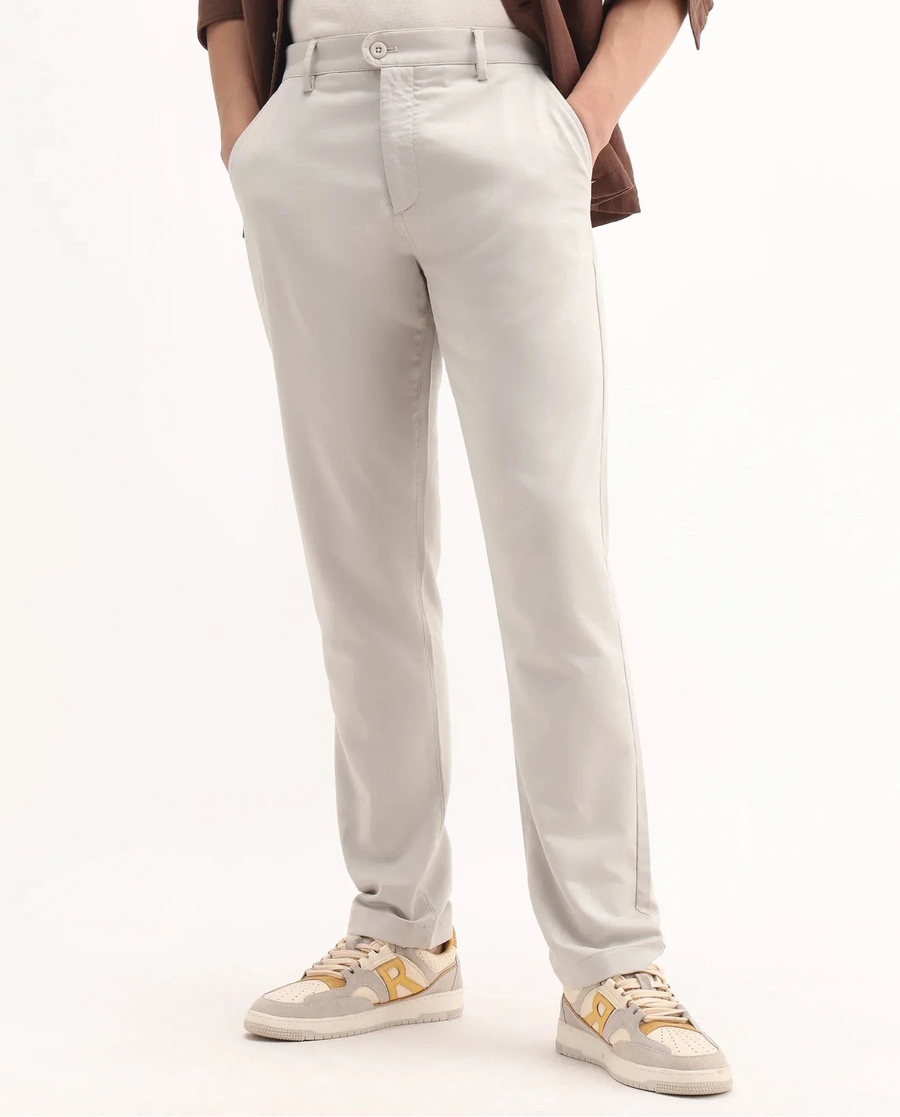 Rare Rabbit Men's Aries Light Grey Cotton Blend Plain Regular Fit Trouser