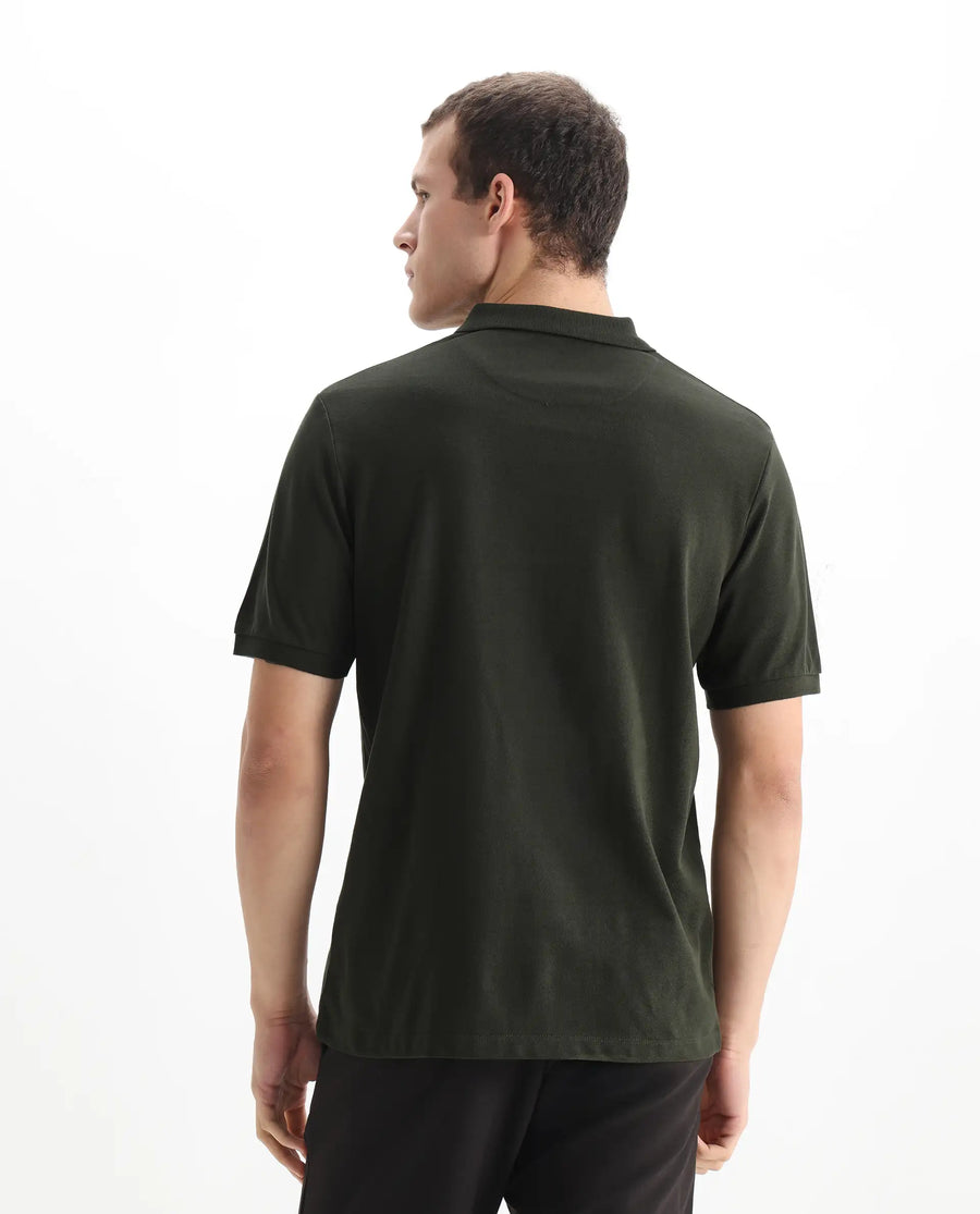 Rare Rabbit Men's Ark Dark Olive Cotton Plain Regular Fit Half Sleeve Polo