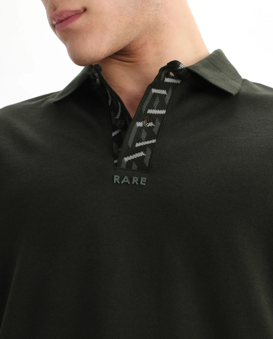 Rare Rabbit Men's Ark Dark Olive Cotton Plain Regular Fit Half Sleeve Polo