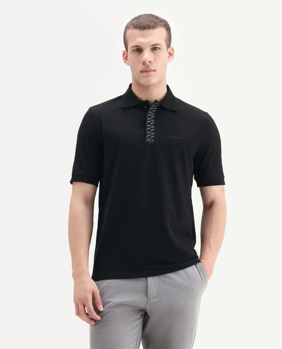 Rare Rabbit Men's Arko Black Cotton Blend Plain Regular Fit Half Sleeve Polo