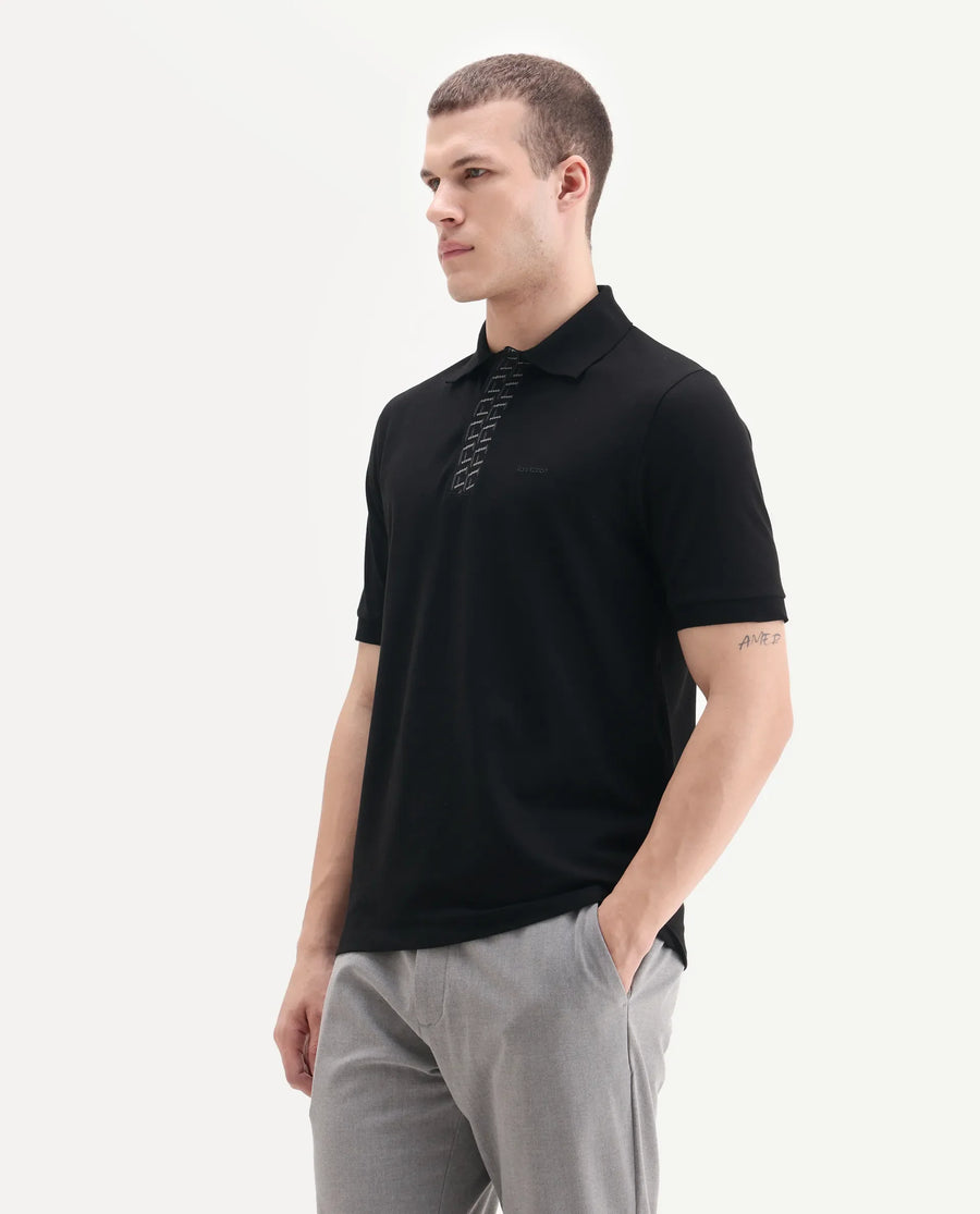 Rare Rabbit Men's Arko Black Cotton Blend Plain Regular Fit Half Sleeve Polo