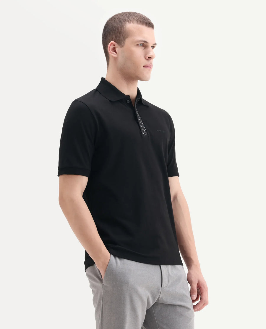 Rare Rabbit Men's Arko Black Cotton Blend Plain Regular Fit Half Sleeve Polo