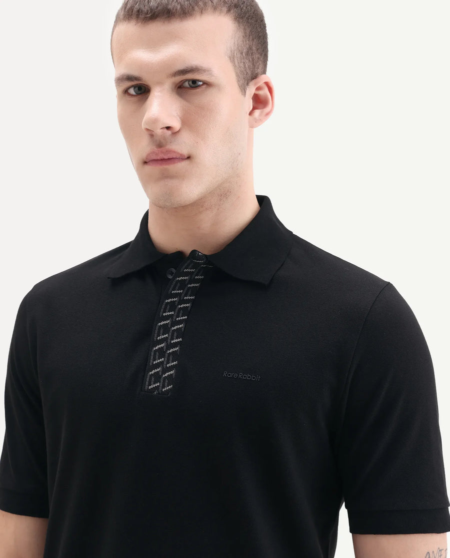 Rare Rabbit Men's Arko Black Cotton Blend Plain Regular Fit Half Sleeve Polo