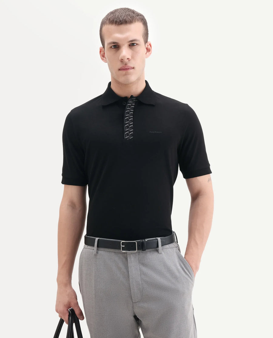 Rare Rabbit Men's Arko Black Cotton Blend Plain Regular Fit Half Sleeve Polo