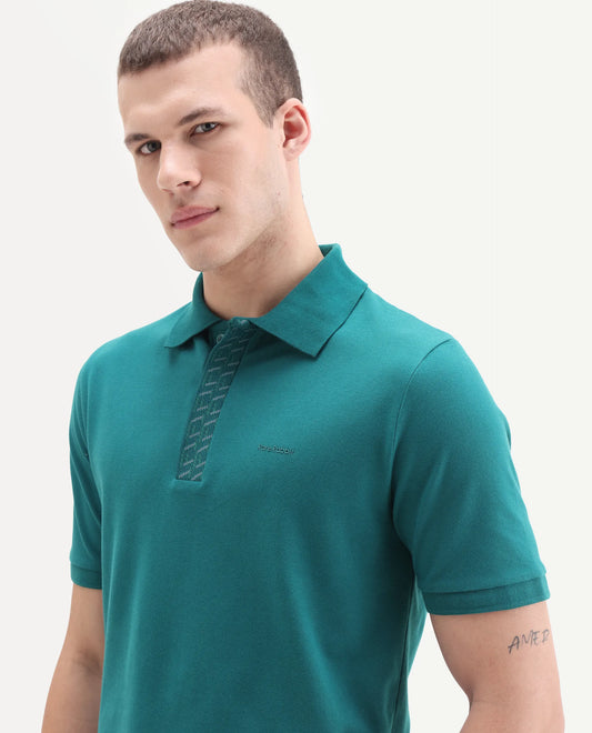 Rare Rabbit Men's Arko Green Cotton Blend Plain Regular Fit Half Sleeve Polo