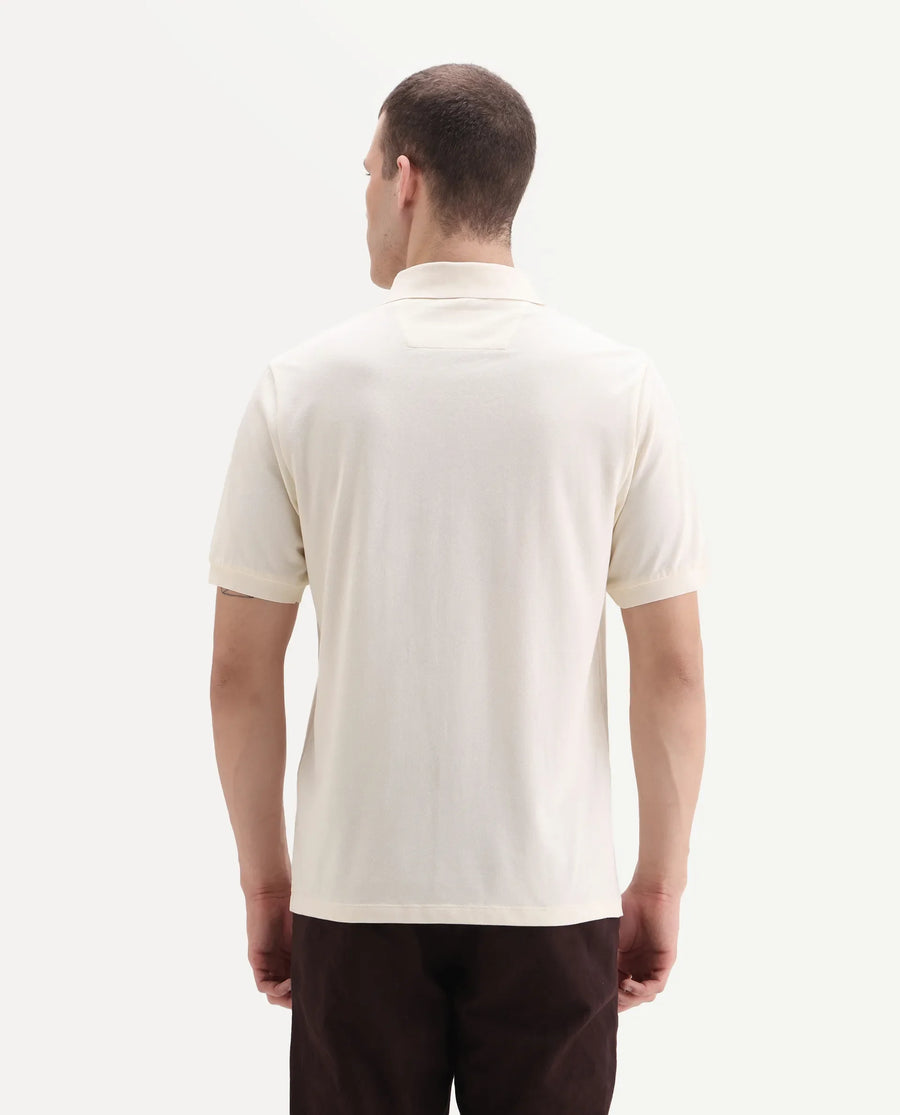 Rare Rabbit Men's Arko Off White Cotton Blend Plain Regular Fit Half Sleeve Polo