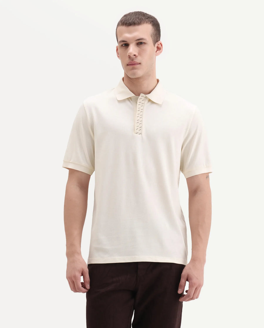 Rare Rabbit Men's Arko Off White Cotton Blend Plain Regular Fit Half Sleeve Polo