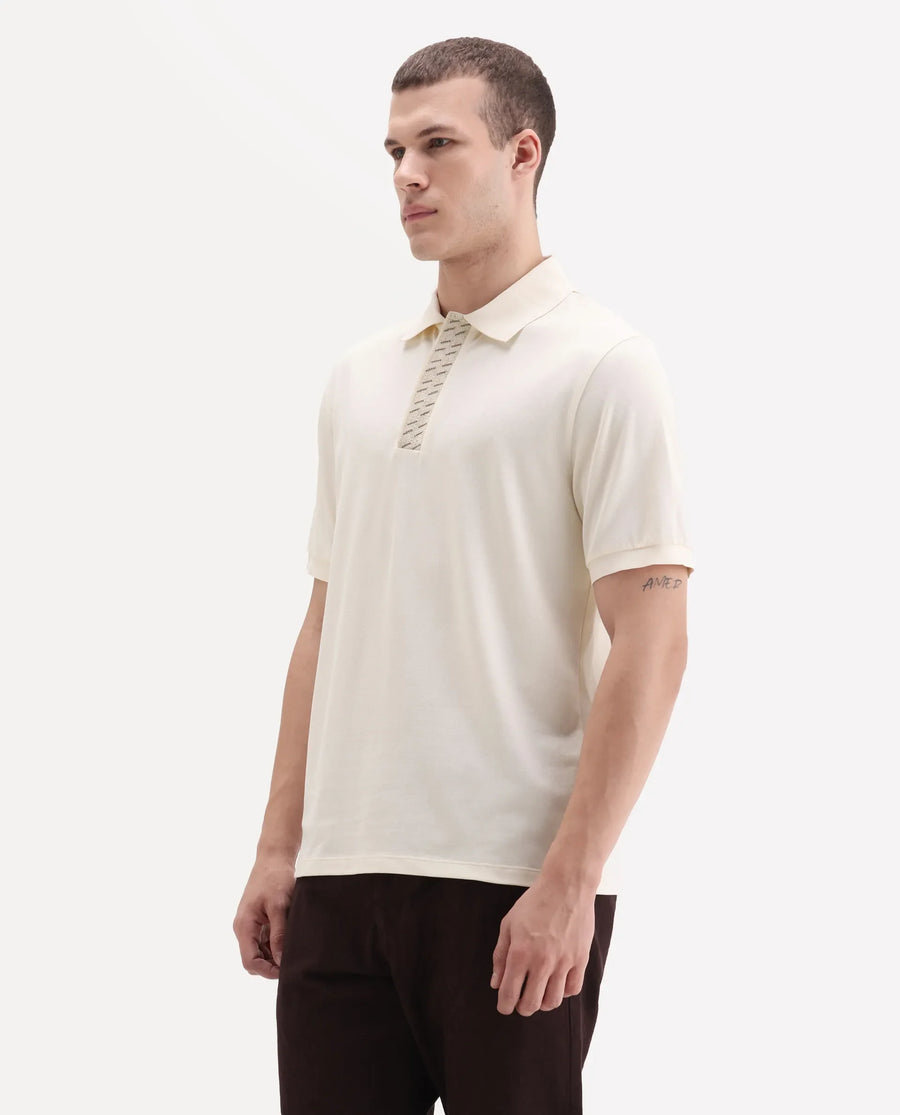 Rare Rabbit Men's Arko Off White Cotton Blend Plain Regular Fit Half Sleeve Polo