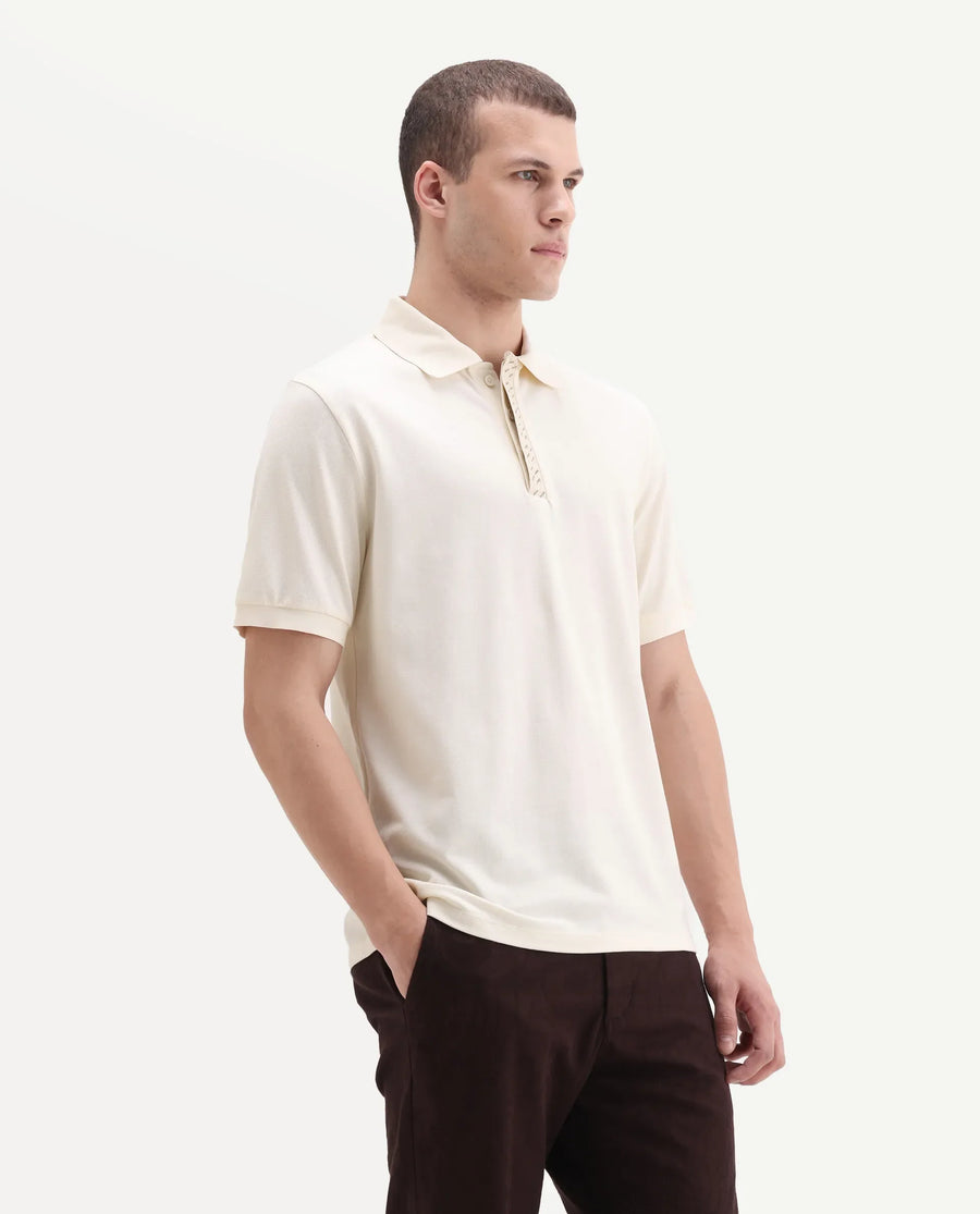 Rare Rabbit Men's Arko Off White Cotton Blend Plain Regular Fit Half Sleeve Polo