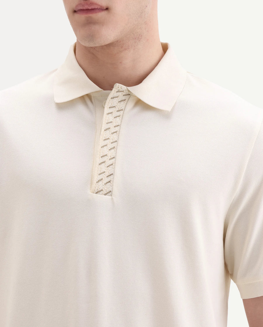Rare Rabbit Men's Arko Off White Cotton Blend Plain Regular Fit Half Sleeve Polo