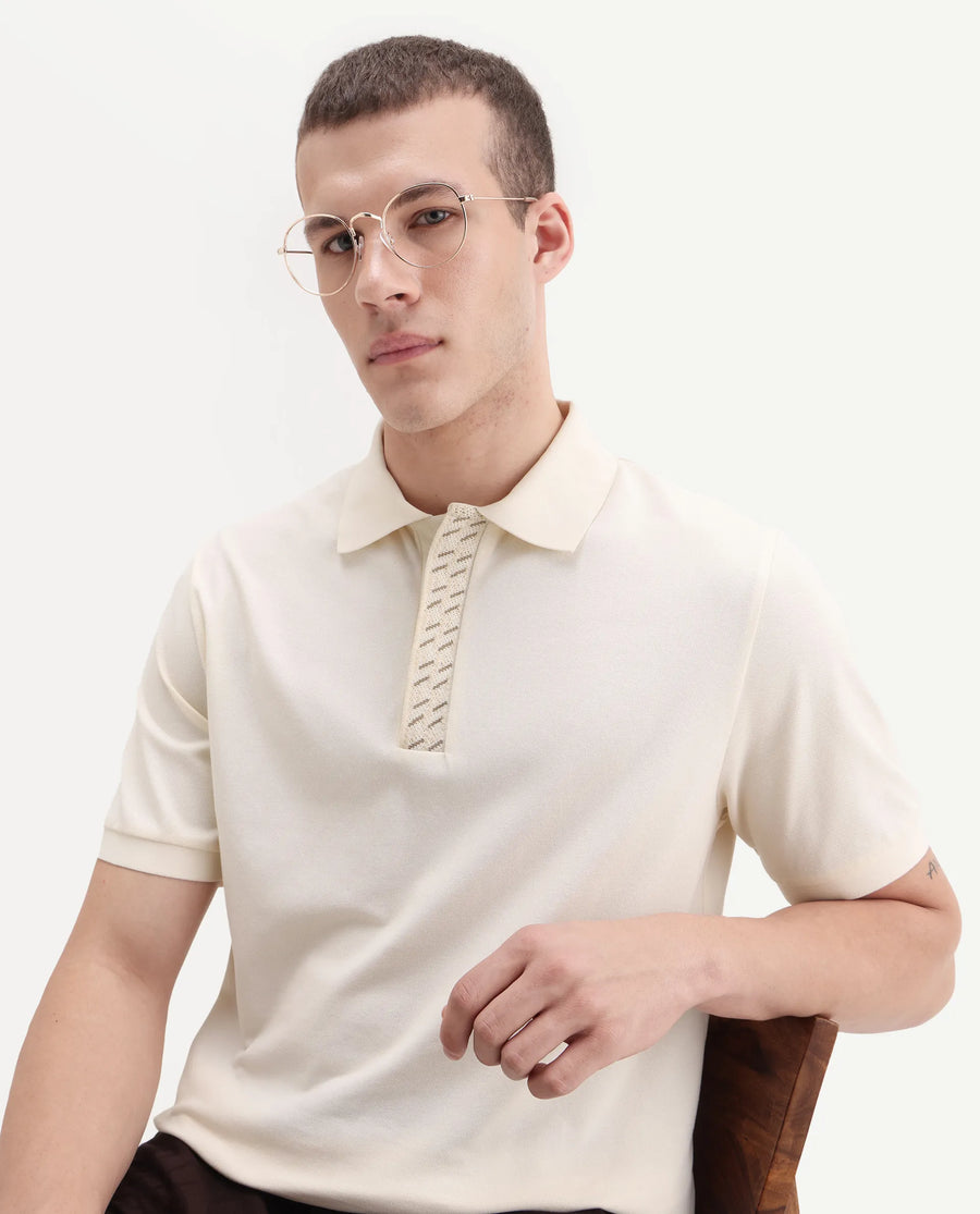 Rare Rabbit Men's Arko Off White Cotton Blend Plain Regular Fit Half Sleeve Polo