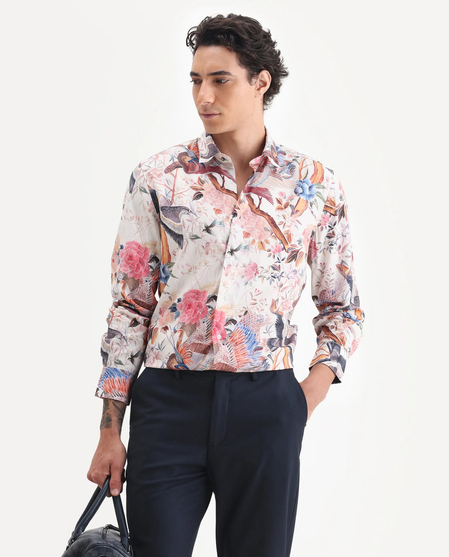 Rare Rabbit Men's Arko Pink Viscose Fabric Collared Neck Regular Abstract Print Shirt