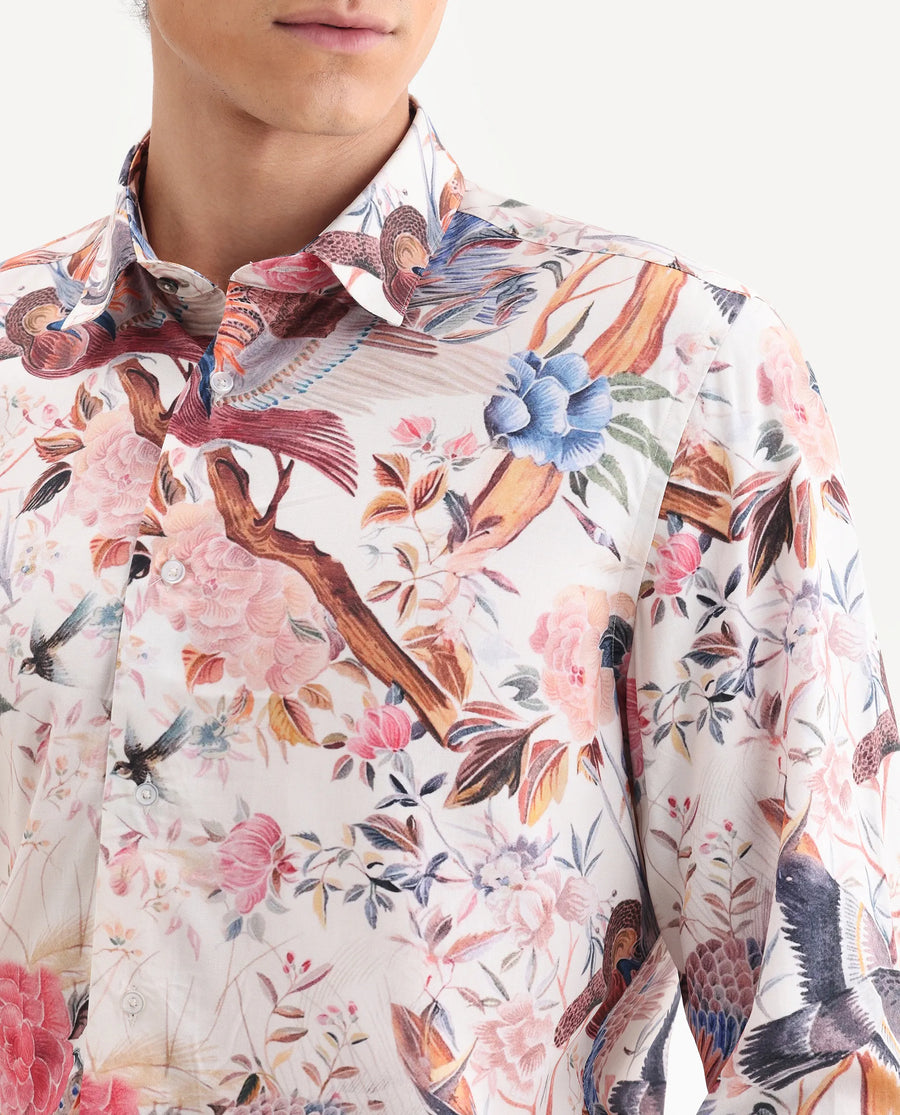 Rare Rabbit Men's Arko Pink Viscose Fabric Collared Neck Regular Abstract Print Shirt