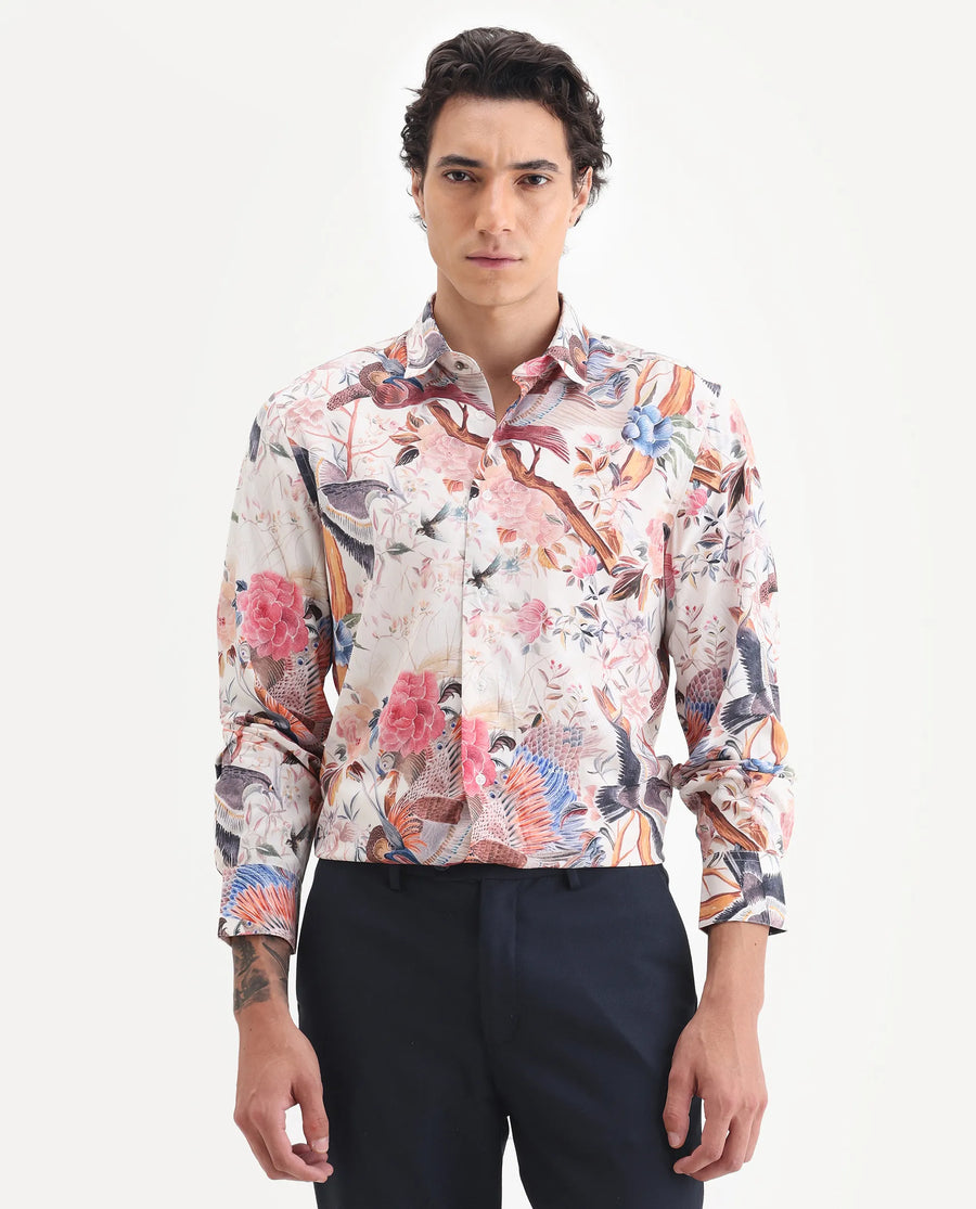 Rare Rabbit Men's Arko Pink Viscose Fabric Collared Neck Regular Abstract Print Shirt