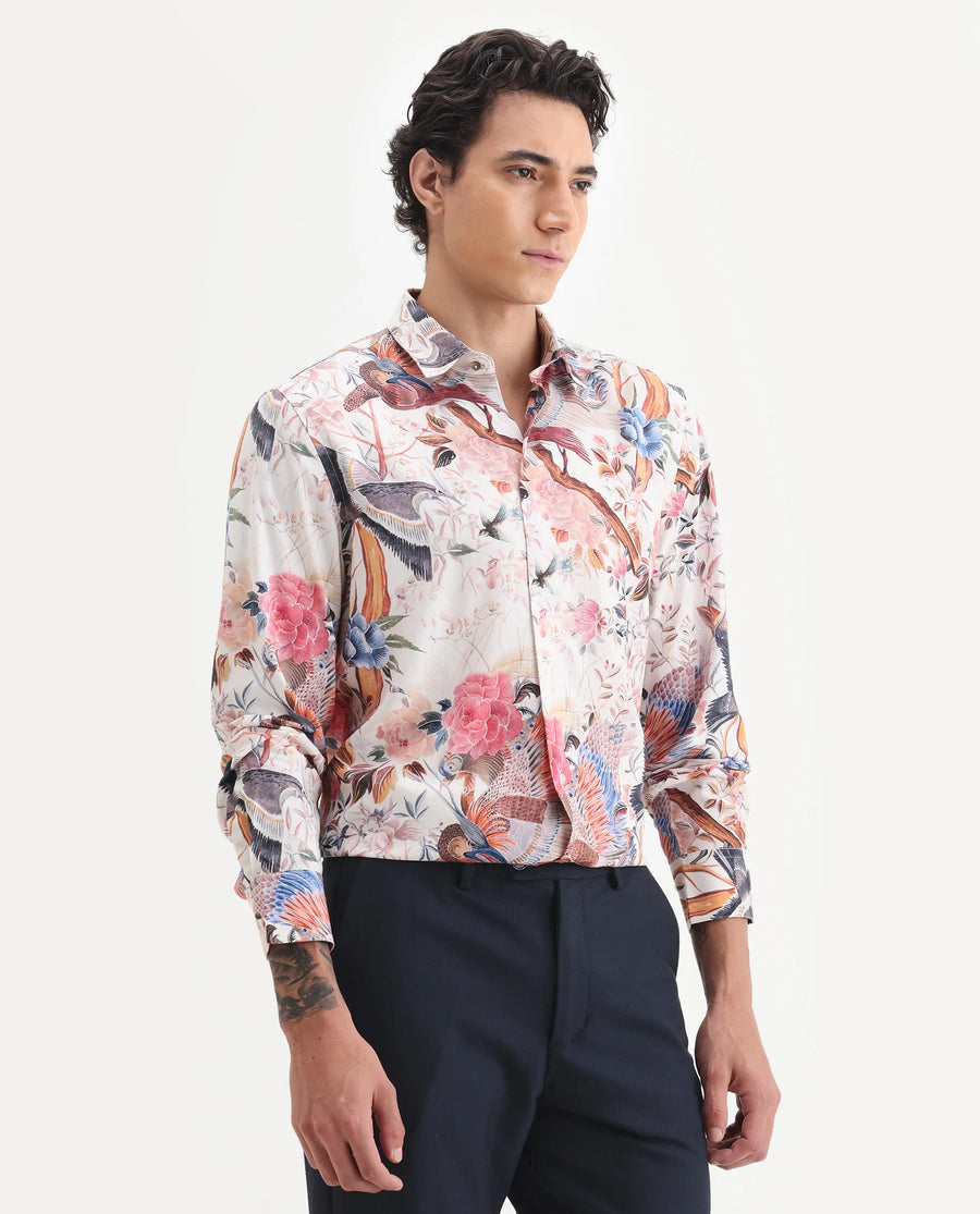 Rare Rabbit Men's Arko Pink Viscose Fabric Collared Neck Regular Abstract Print Shirt
