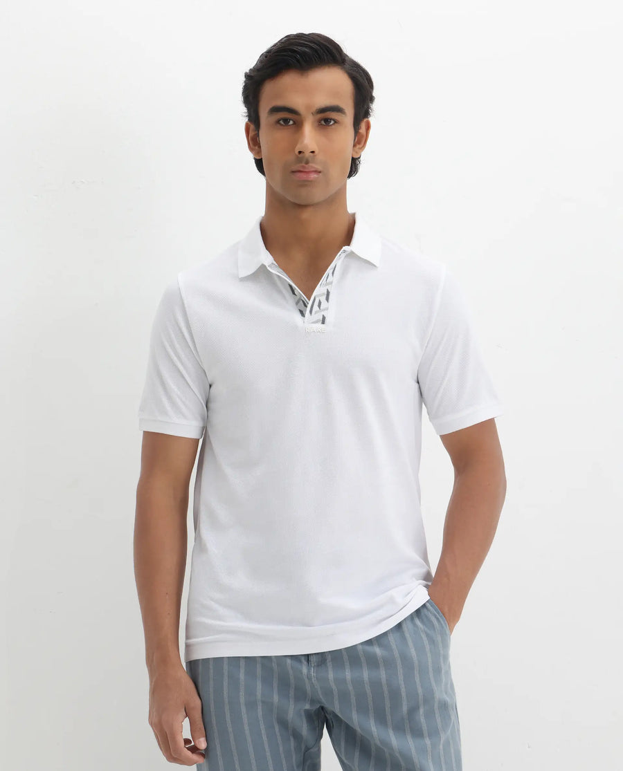 Rare Rabbit Men's Ark White Cotton Plain Regular Fit Half Sleeve Polo