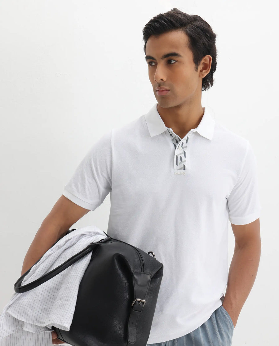 Rare Rabbit Men's Ark White Cotton Plain Regular Fit Half Sleeve Polo