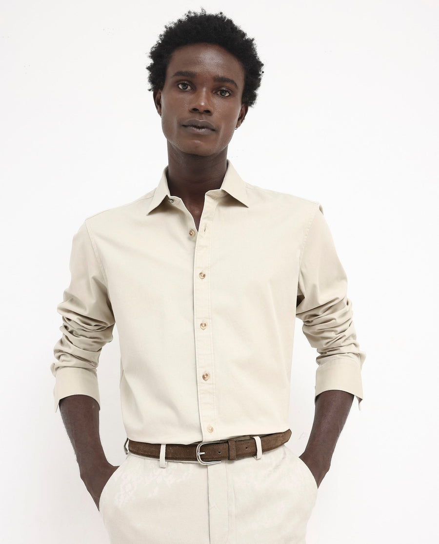 Rare Rabbit Men's Arlet Beige Cotton Plain Regular Fit Full Sleeve Collared Shirt