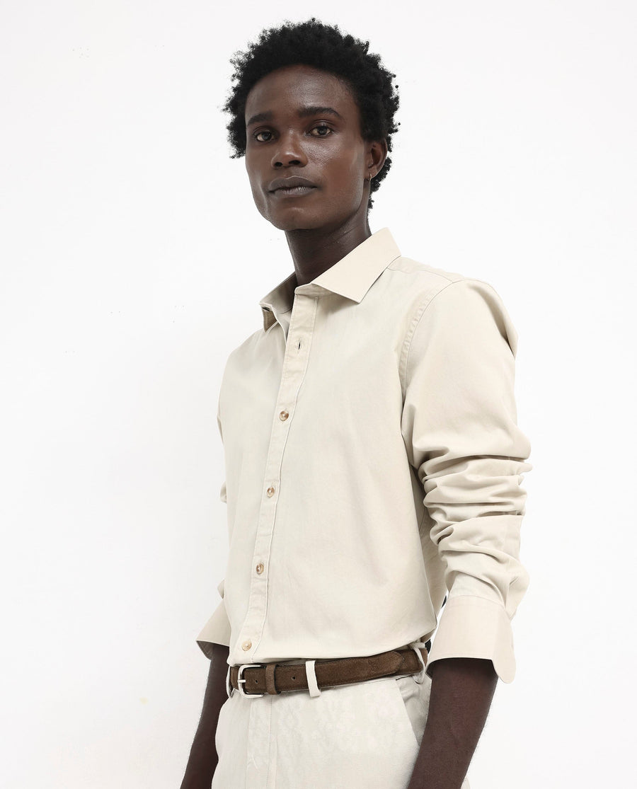 Rare Rabbit Men's Arlet Beige Cotton Plain Regular Fit Full Sleeve Collared Shirt