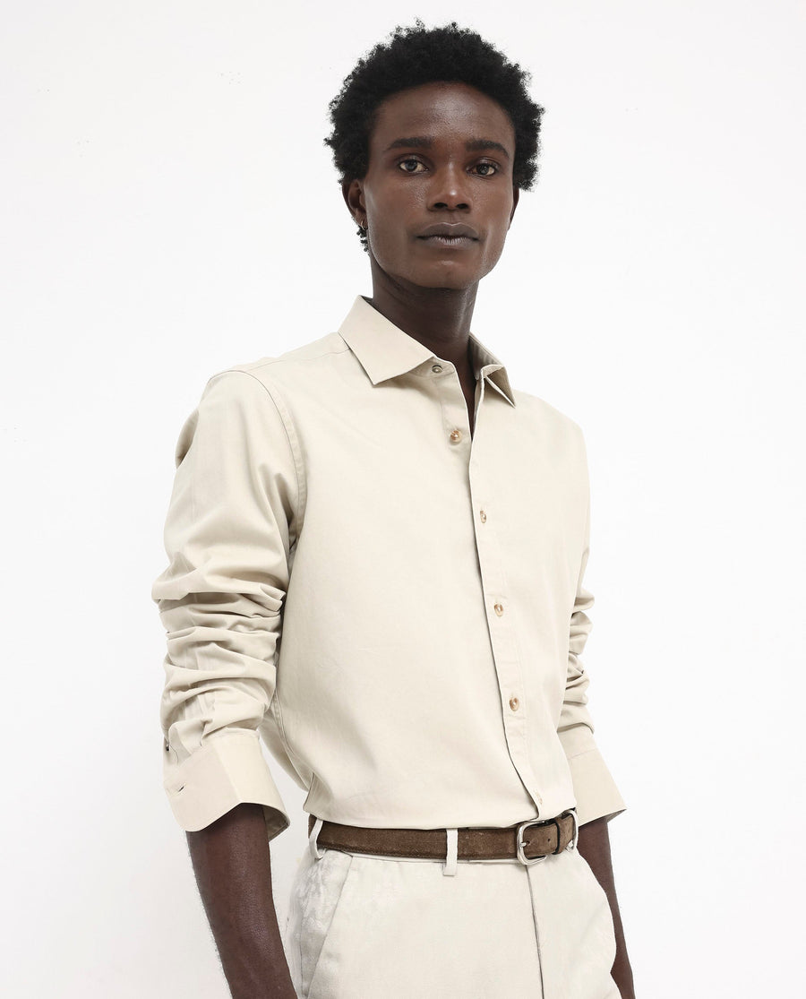 Rare Rabbit Men's Arlet Beige Cotton Plain Regular Fit Full Sleeve Collared Shirt