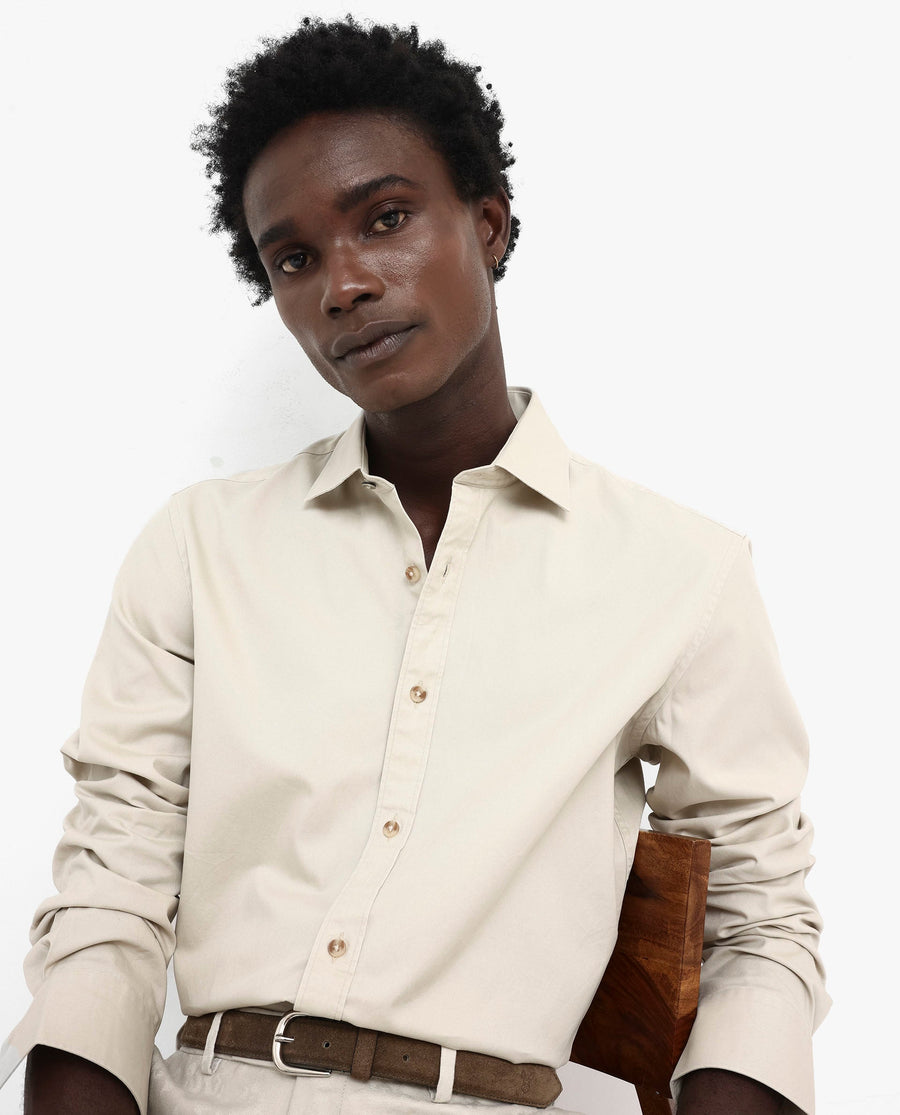 Rare Rabbit Men's Arlet Beige Cotton Plain Regular Fit Full Sleeve Collared Shirt