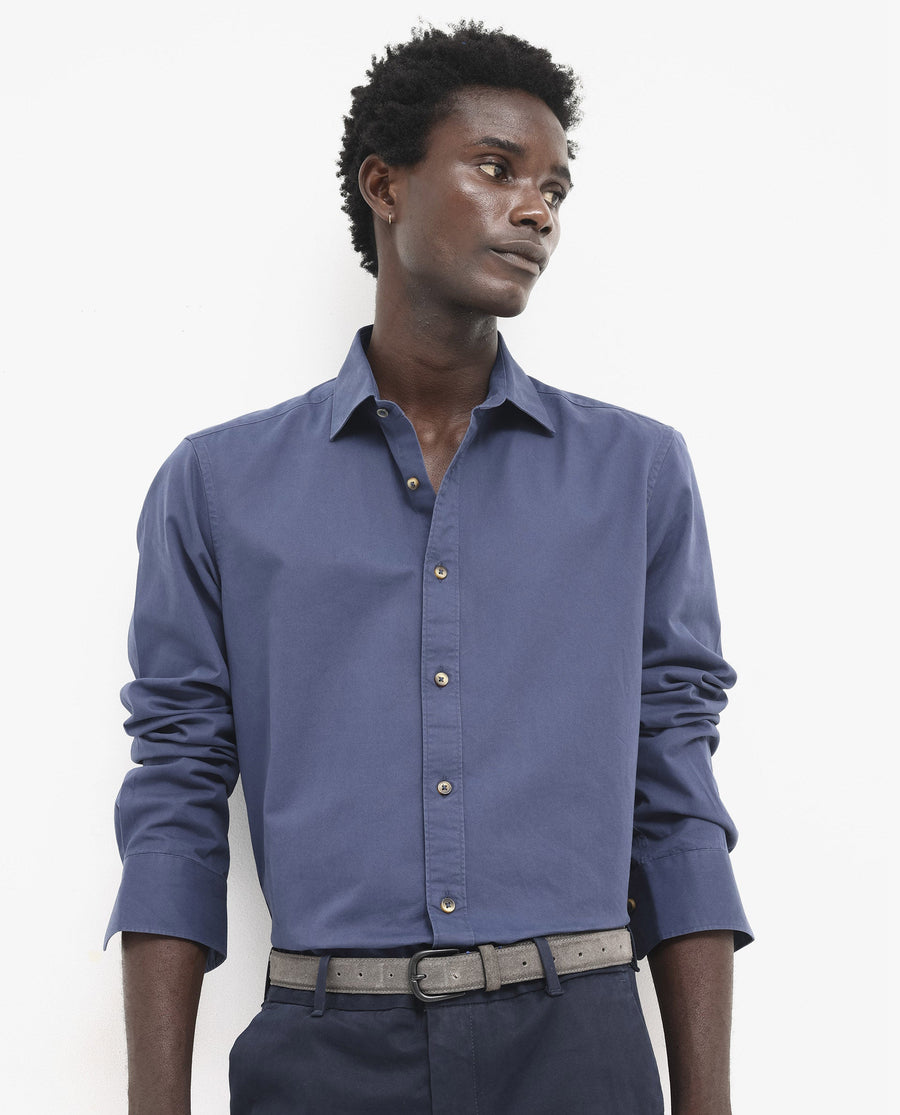 Rare Rabbit Men's Arlet Blue Cotton Plain Regular Fit Full Sleeve Collared Shirt