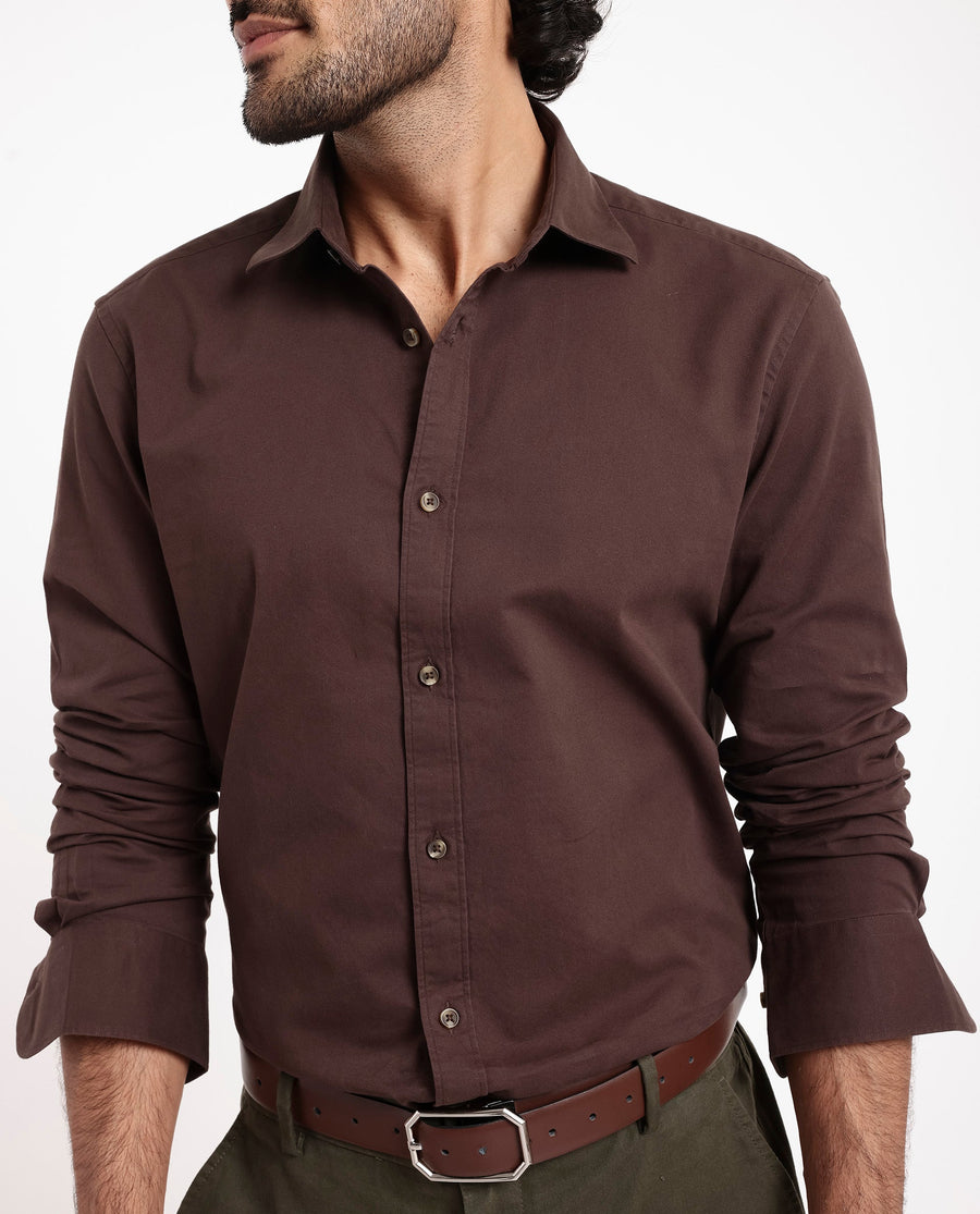 Rare Rabbit Men's Arlet Brown Cotton Plain Regular Fit Full Sleeve Collared Shirt