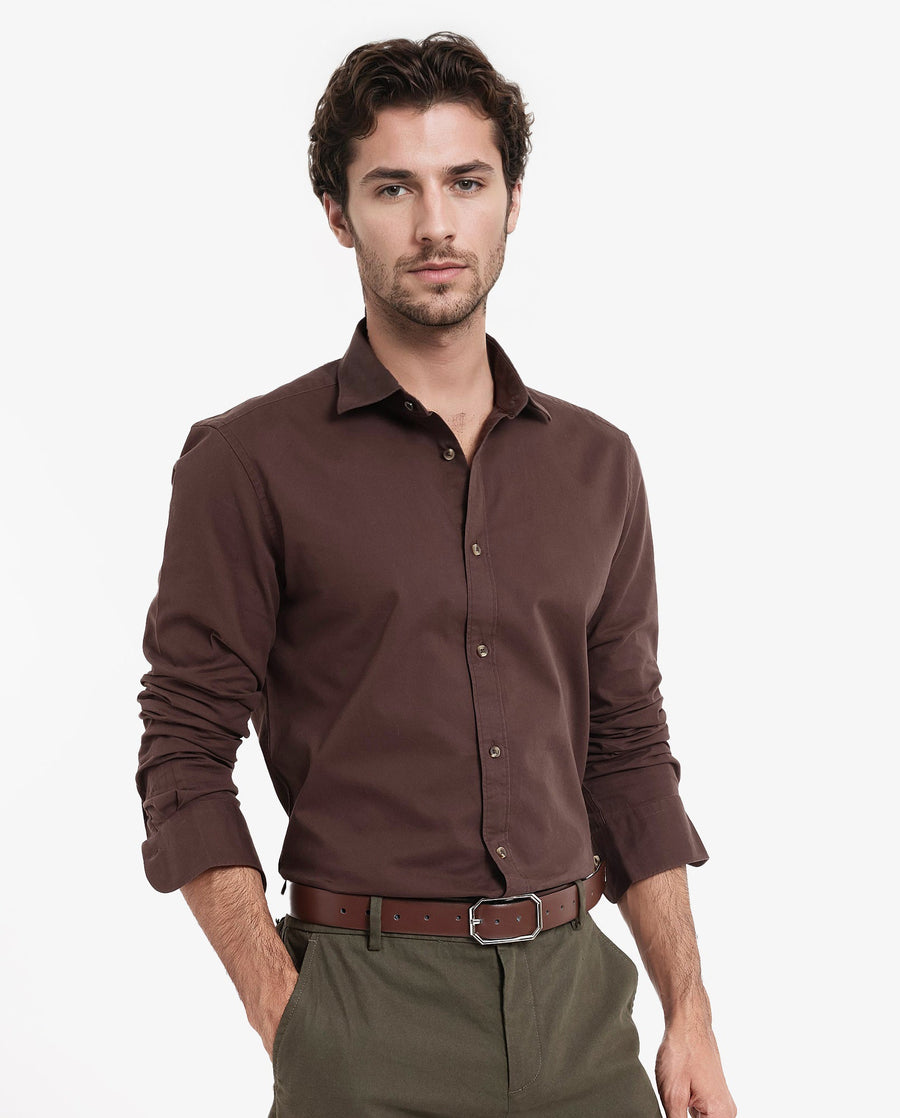 Rare Rabbit Men's Arlet Brown Cotton Plain Regular Fit Full Sleeve Collared Shirt