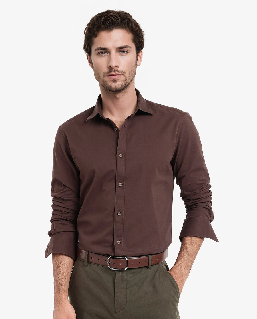 Rare Rabbit Men's Arlet Brown Cotton Plain Regular Fit Full Sleeve Collared Shirt