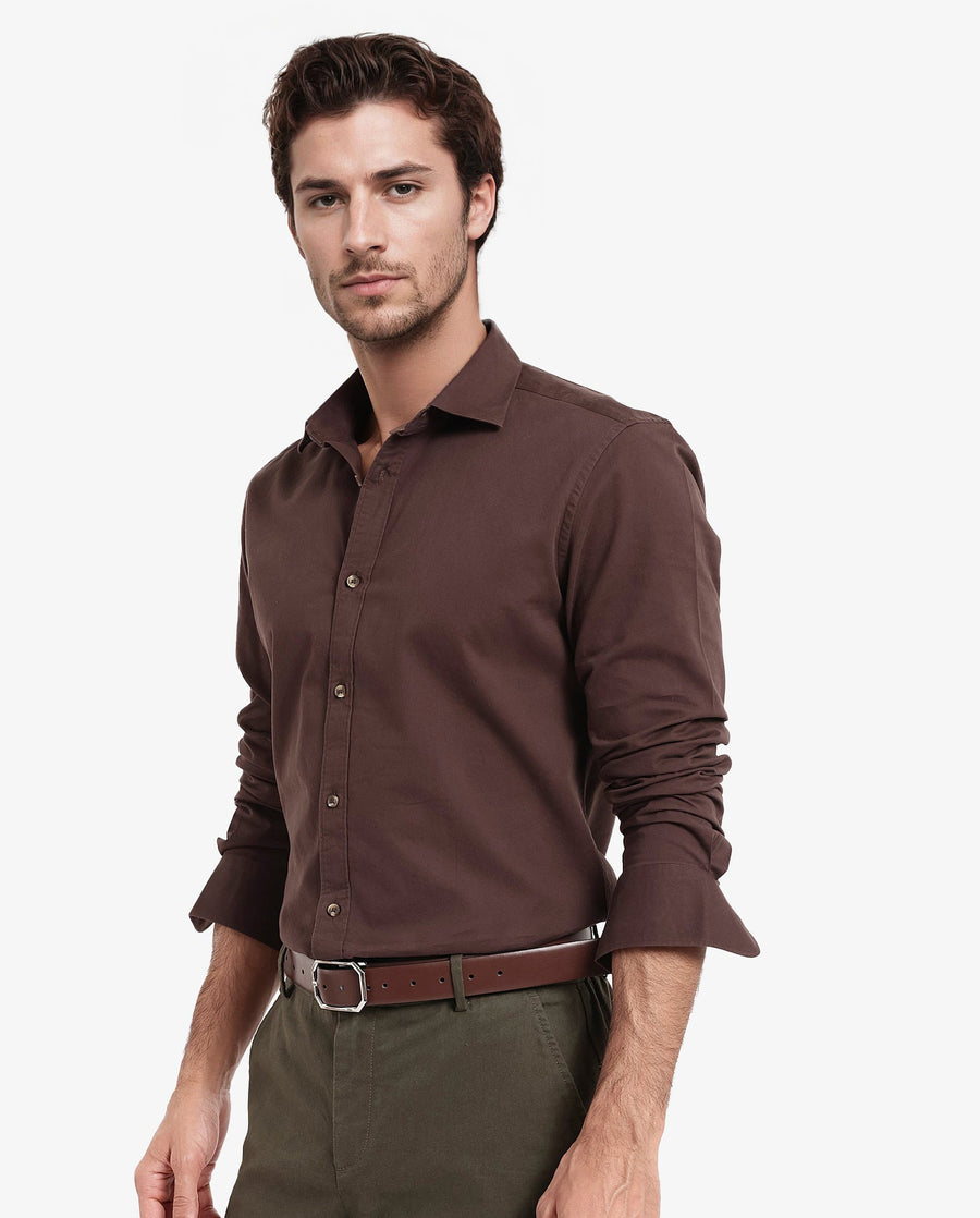 Rare Rabbit Men's Arlet Brown Cotton Plain Regular Fit Full Sleeve Collared Shirt